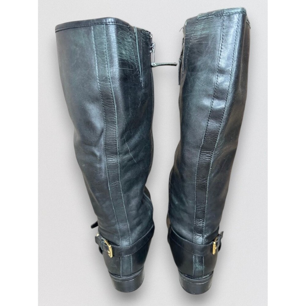 Black Leather Tall Riding Boots Gold Buckle Side Zip Women's Size 7B - Picture 2 of 6